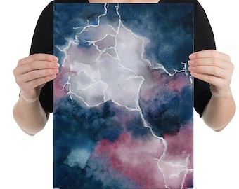 Clouds Painting Original Watercolor Art, Stormy Sky Artwork, storm lightning lighting bolt cloudy sky clouds,  skyscape art, cloud painting