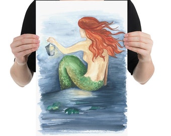 mermaid drawing original Mermaid Seals art print Mermaid Painting Poster, Seaside mermaid bedroom Home, 8x10 12x16 16x20 18x24 24x36 frame