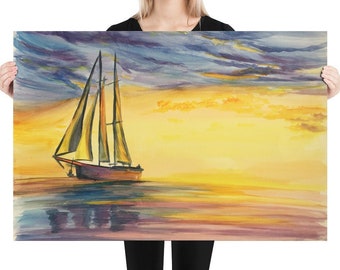 sunset painting large landscape watercolor painting print, original illustration nature art, romantic colorful wall art ocean decor fine art