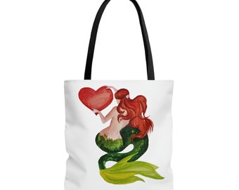 valentine day gift for her, valentines bag girls, mermaid tote bag, illustrated tote bag, mermaid heart AOP Tote Bag, weekender bag mermaids