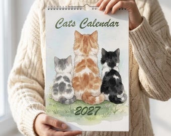 2027 Cats Calendar | Watercolor Kitten Wall Calendar | Cute Cat Calendar | Cat Lover Gift | Nursery Decor | Monthly Hanging Calendar
