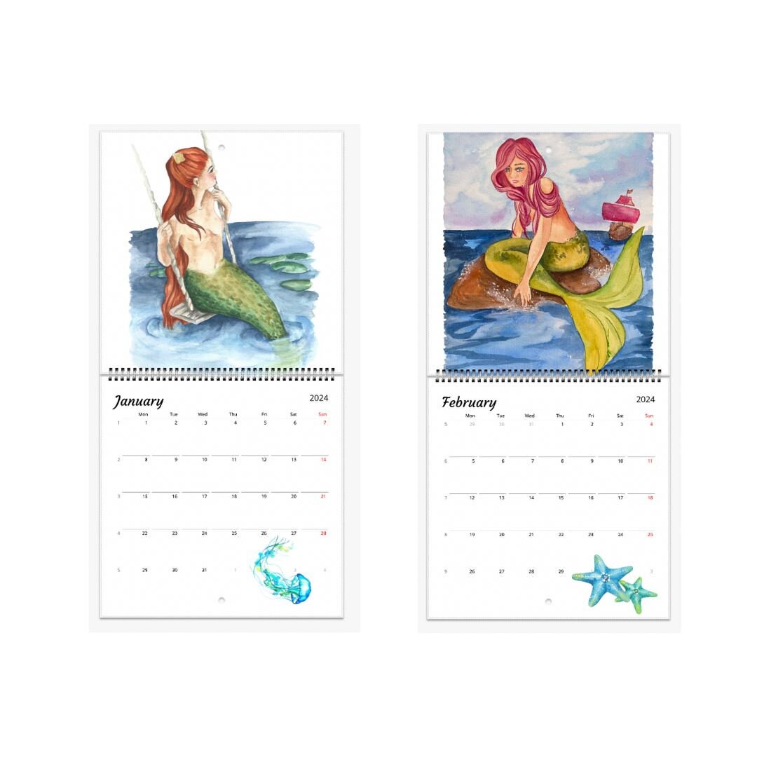 2024 Calendar, Monthly Calendar, Mermaid Calendar, Ocean Calendar, Watercolor Calendar, 2024