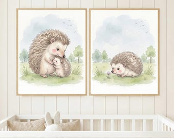 Juego de 2 láminas decorativas de erizos para la habitación del bebé, estampados de animales del bosque, decoración de erizos en acuarela, decoración de pared neutra para la habitación del bebé.