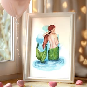 Arte de pared con impresión de fantasía, póster de bellas artes de sirena, ilustración de sirena, arte de sirena mística, arte marino, dibujo de sirena, acuarela surrealista del océano