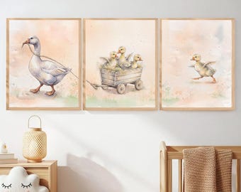 Farm Animal Nursery Wall Art Set of 3, Goose and Duckling Prints, Watercolor Farmhouse Nursery Decor