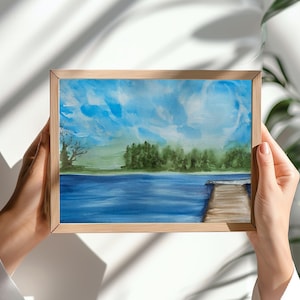 Frühlingssee Druck, Aquarellkunst, Gelassene Seelandschaft, Wandbild, ruhige Naturszene, weiche Pinselstriche, ruhige Blau- und Grüntöne