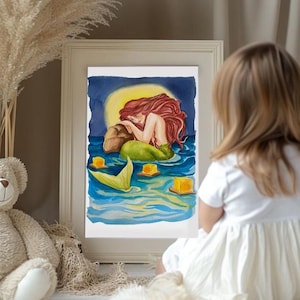 Arte de pared de acuarela de princesa sirena, impresión de princesa Ariel, decoración de pared para habitación infantil, arte de pared para guardería, regalo de cumpleaños para niña, dibujos, póster de sirena