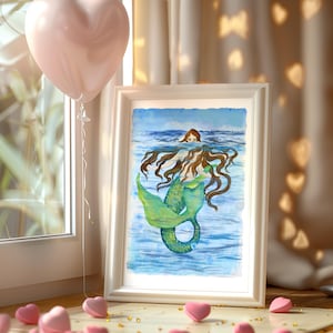 Póster de ilustración de sirena, bellas artes, impresión de moda, impresiones de sirena, arte original de sirena, sirenas del océano, arte de pared de acuarela de princesa sirena
