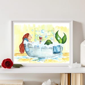 Pintura de bellas artes de sirena, ilustración de sirena, impresión artística de sirena en acuarela, impresiones de sirena para habitación de niñas, impresión de pared de sirena, tema del océano