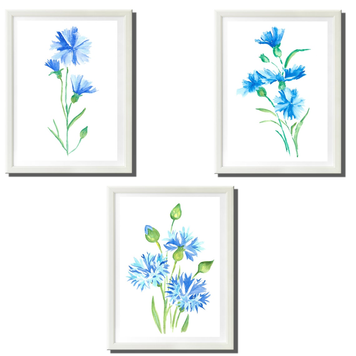 Set of 3 Blue Watercolor Minimalist Flowers Prints