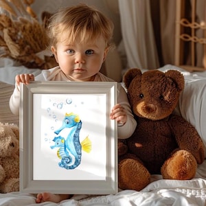 Arte de acuarela de caballito de mar de mamá y bebé, decoración de guardería costera para niños, regalo de caballito de mar, regalo de inauguración de la casa, arte de animales del océano, pintura de criaturas