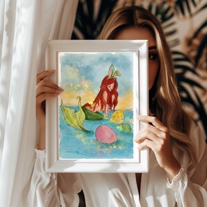 Sirena de Pascua, Sirena Conejita, Día del Huevo de Pascua, Acuarela de Sirena, Sirena Dulce de Fantasía de Cuento de Hadas, Diseño de Huevo Pastel, Arte de Princesa del Océano