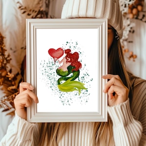 Arte de corazón de sirena, San Valentín en acuarela, imprimible para una fiesta de amor, sirena linda, corazón de sirena, sirena en acuarela, sirena en acuarela
