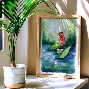 Pintura de sirena, pintura de acuarela, impresión de sirena de 8 x 10, arte de decoración de sirena, arte adolescente, sirena de color agua con cabello rojo, póster de arte de pared para niñas