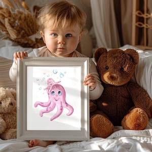 Arte infantil bajo el mar, decoración de pared con pulpo, pintura de acuarela, impresión artística para niños, pulpo bebé, vida oceánica, ilustraciones marinas