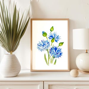 Impressão botânica de flor azul, buquê de flores, arte de parede floral, desenho de belas artes modernas, impressões de parede azul simples, pôsteres azuis estéticos