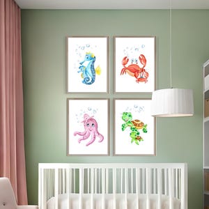 Decoración de guardería de playa, acuarela, animales marinos, impresiones de tortugas para guardería, arte de pared, juego de 4 animales para bebés, impresión artística de caballitos de mar para imprimir, decoración de pared con cangrejos