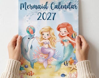 2027 Mermaid Wall Calendar, Watercolor Mermaid Art Calendar, Mermaid Lover Gift, Magical Ocean Decor for Girls, Illustrated Monthly Planner