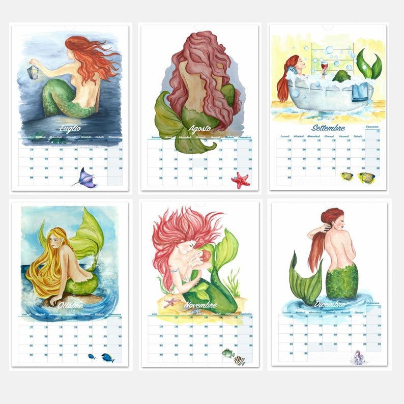 Mermaid Calendar 2024, Fantasy 2024 Wall Calendar, A4, Italian Calendar
