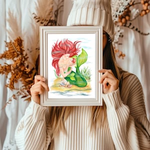 Sirena de acuarela para guardería, madre e hijo, impresión artística azul, sirena caprichosa, arte de pared para habitación de niñas, arte de cuento de hadas, arte de pared para niños de sirena