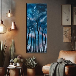 Arte mural de bosque oscuro con noche estrellada, obra de arte de pinos iluminados por las estrellas, pinturas nocturnas, impresión de montaña encantada, cielo nocturno con árboles, estrella celestial