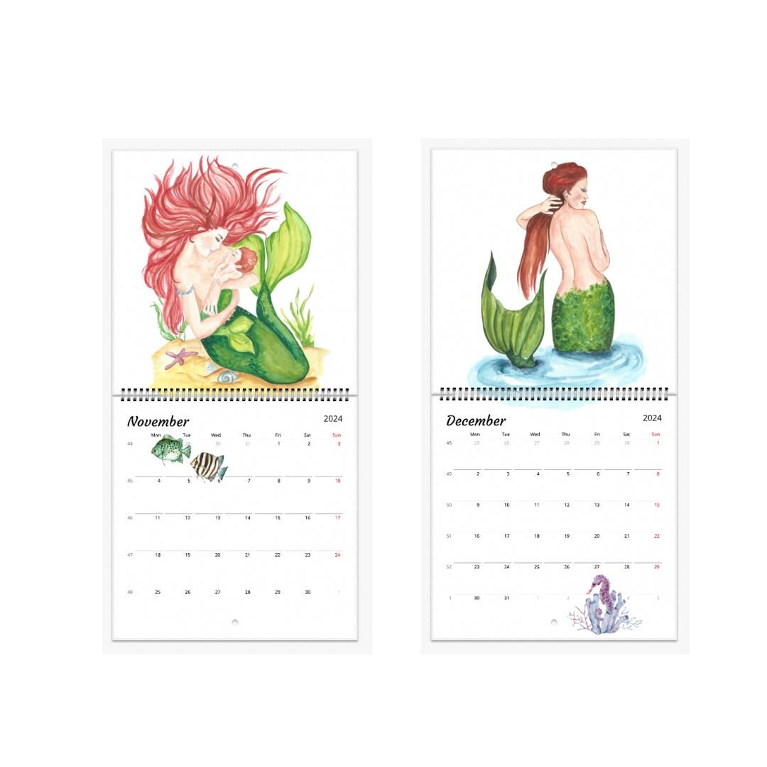 2024 Calendar, Monthly Calendar, Mermaid Calendar, Ocean Calendar, Watercolor Calendar, 2024
