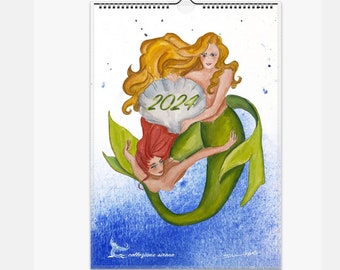 mermaid calendar 2024, Fantasy 2024 Wall Calendar, A4, Italian calendar 2024, Fantasy art illustrated calendar, A3, Wall Calendars siren art