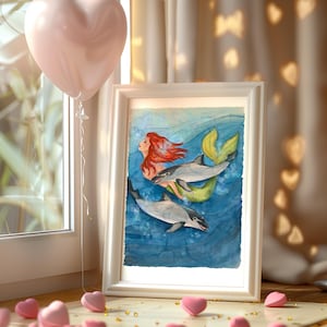 Imagen de sirena para niños, arte, impresión de acuarela de sirena, decoración de pared con temática oceánica, impresión de fantasía submarina, decoración náutica para el hogar, impresión costera
