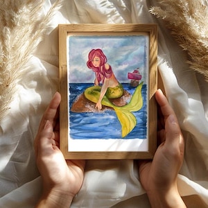 Imagen de acuarela de sirena, pintura de sirena, pintura de acuarela, impresión de sirena, decoración de sirena, arte de sirena, arte infantil, decoración de arte oceánico