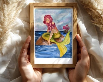 人魚の絵画、水彩画、人魚のプリント、人魚のしっぽ、人魚のアート