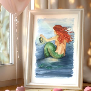 Impresión de sirena en acuarela, moda de sirena, hermoso arte de sirena, mar de la Atlántida, tema del océano, dibujo de sirena, sirenas submarinas, vida en el océano