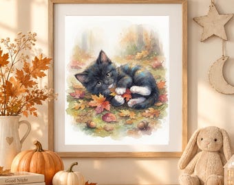 Black Kitten Nursery Wall Art, Autumn Cat Print, Watercolor Black Cat, Fall Kids Room Decor