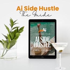 Puede incluir: Una tableta mostrando un sitio web con el texto "Ai Side Hustle" y "Launching Your Ai Side Hustle Step by Step Guide". El sitio web tiene un fondo tropical con una mujer tumbada en una playa.
