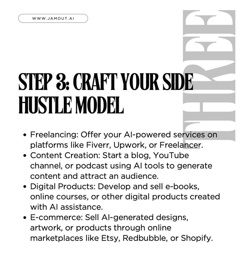 Puede incluir: Un gr&aacute;fico de texto en blanco y negro con el t&iacute;tulo "STEP 3: CRAFT YOUR SIDE HUSTLE MODEL" y una lista de cuatro formas de usar la IA para crear un negocio secundario: Freelancing, Creaci&oacute;n de contenido, Productos digitales y Comercio electr&oacute;nico.