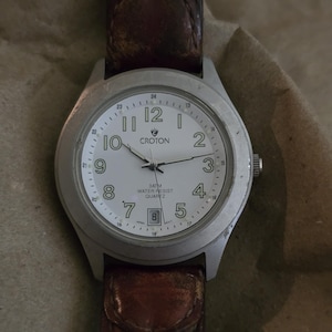 Vintage Croton Men&#39;s Quartz Stainless Steel Watch on genuine leather strap - 100ft water resistant Japanese made watch