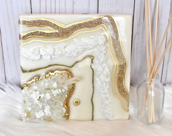 Mini Géode Art | 8x8, Blanc + Perle | Cristaux de quartz, résine Geode art | art mural, décoration d'intérieur, art de luxe | idée cadeau