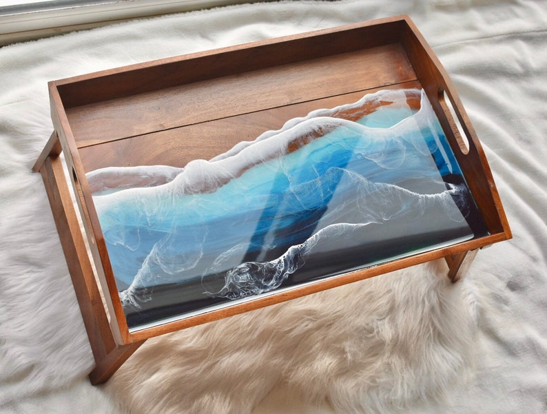 Ocean Bed Tray DISCOUNTED Read description 20x14 Epoxy Resin Art Beach, Ocean, 3D Waves Wood Serving Tray Gift zdjęcie 4