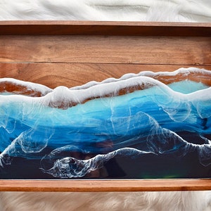 Ocean Bed Tray DISCOUNTED Read description 20x14 Epoxy Resin Art Beach, Ocean, 3D Waves Wood Serving Tray Gift zdjęcie 2