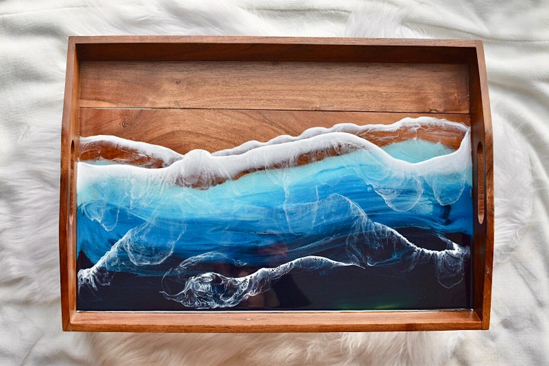Ocean Bed Tray DISCOUNTED Read description 20x14 Epoxy Resin Art Beach, Ocean, 3D Waves Wood Serving Tray Gift image 2