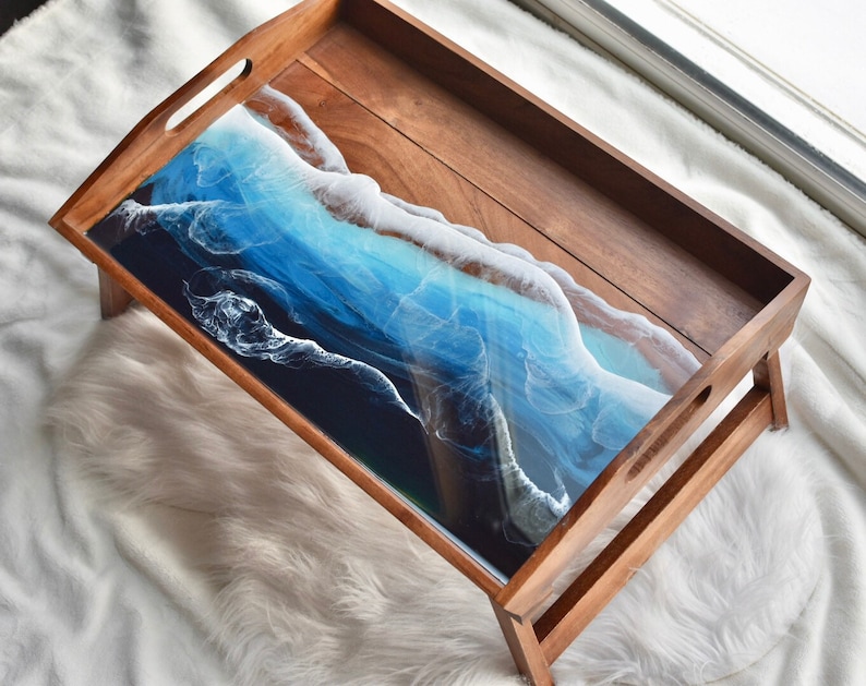 Ocean Bed Tray DISCOUNTED Read description 20x14 Epoxy Resin Art Beach, Ocean, 3D Waves Wood Serving Tray Gift zdjęcie 6