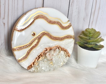 Mini Geode Art | 6” Round, White + Pearl | Quartz crystals, resin Geode art | wall art, home decor, luxury art | gift idea