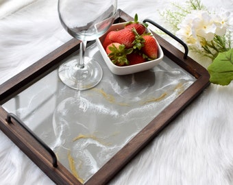 Marmeren dienblad (grijs) | 9&quot;x13&quot; | houten dienblad, schotel | Epoxyhars marmer | Woondecoratie | geschenk