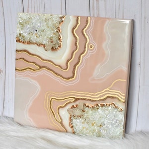 12x12 Geode Art | Light pink, Mauve, Peach + Gold | Quartz crystals, resin Geode art | wall art, home decor, luxury art | gift idea