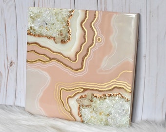 12x12 Geode Art | Light pink, Mauve, Peach + Gold | Quartz crystals, resin Geode art | wall art, home decor, luxury art | gift idea