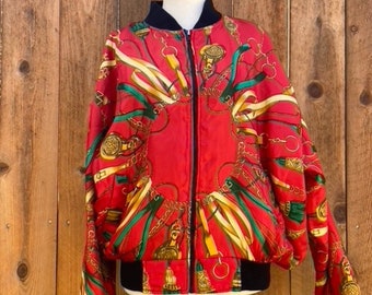 1990s Jacqueline Ferrar Red Bomber Jacket Gold Chain Green Ribbon Print size M
