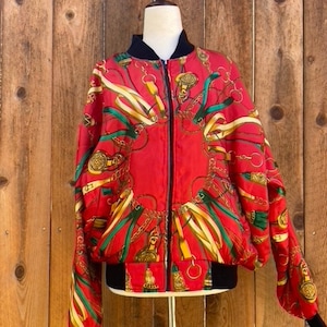 1990s Jacqueline Ferrar Red Bomber Jacket Gold Chain Green Ribbon Print size M