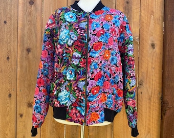1990s Floral Sequin Faux Pearl Beaded Bomber Jacket size M