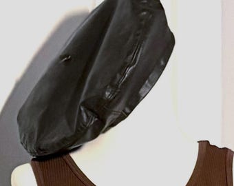 Dark Brown Genuine Leather Beret one size vintage 1970s