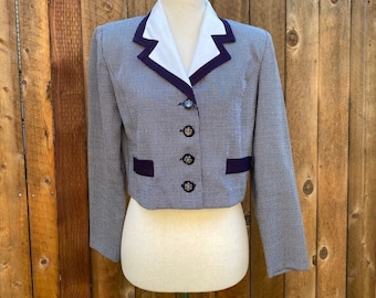 90s Houndstooth Cropped Blazer Navy and White size womens xs 2-4