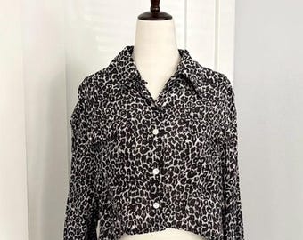 Animal Print Blouse Silk Black and White Reworked Crop size Smal Vintage 1980s